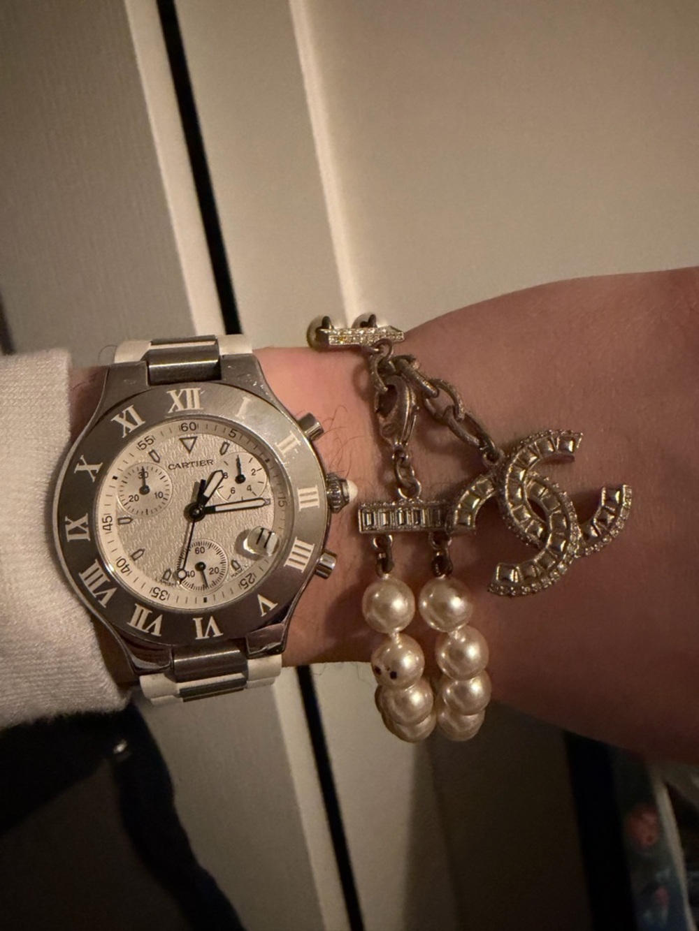 CHANEL Pearl Bracelet with Pave Double C Charm - White and Silver image 7